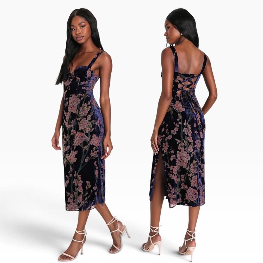 Lulus Romantic Stunner Navy Blue Floral Burnout Velvet Lace-Up Dress size L
